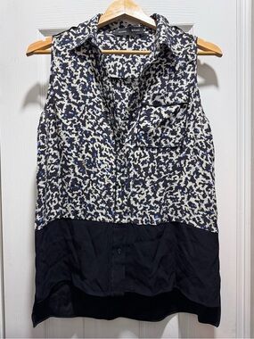 100% Silk Sleeveless SplitHem Blouse Black White Blue geometric Proenza Schouler